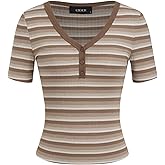CIDER Womens Striped V Neck T Shirt Casual Short Sleeve Knit Top Tee