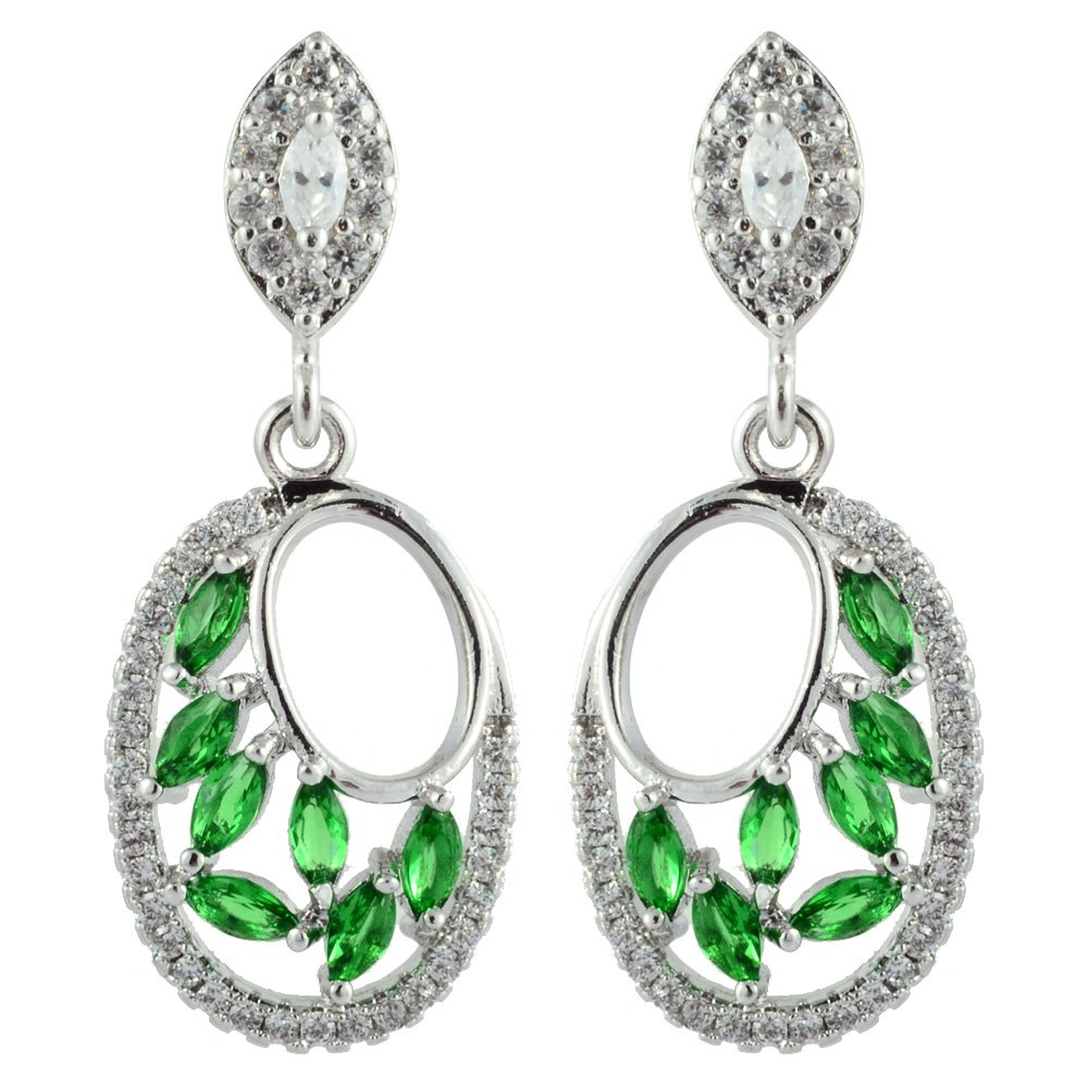 RIZILIA Drop Pierced Earrings with Marquise Cut Gemstones CZ [Green Emerald] in 18K White Gold Plated, Simple Modern Elegance