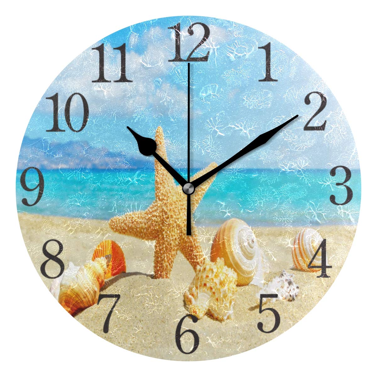 ISAOA Modern Wall Clock with Large Arabic Numerals Decor for Bedrooms,Living Room,Kitchen(Beach Starfish Seashell)