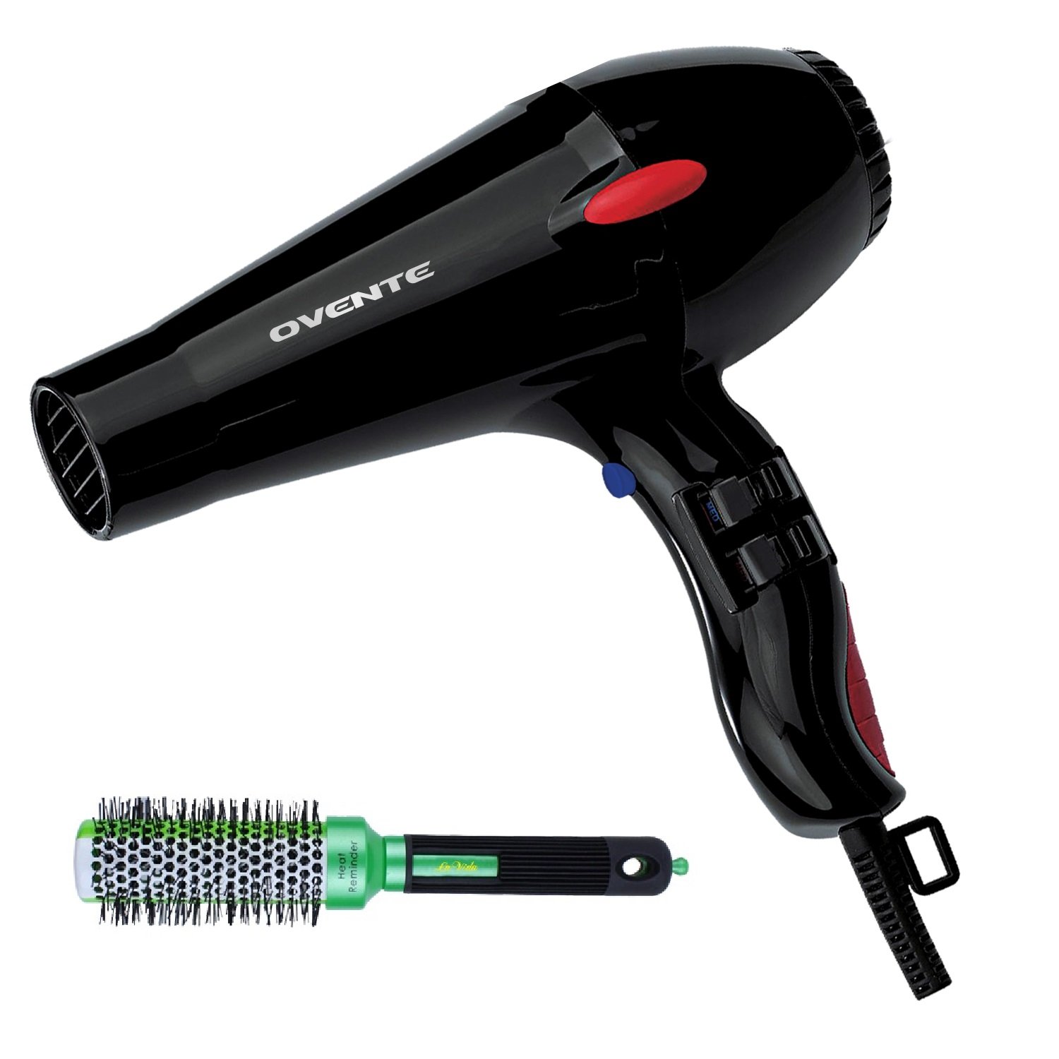 Ovente Professional Hair Dryer and Thermal Hair Brush with Ionic and Tourmaline Technology, Dryer with 2 Variable Speeds 3 Heat Settings and 2 Concentrator Nozzles for Specific Styling (X3 + HAB1)