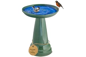 Birds Choice Ohio Stoneware Bird Bath | Pedestal Bird Bath, Stable Locking Top | Weather-Resistant Ceramic Clay, Glazed Finish | Outdoor Garden & Patio Decor | 22" H x 17" D, Summer Green