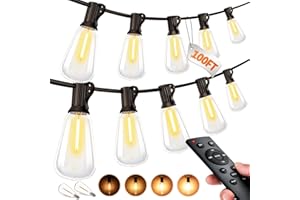 MGVIH Outdoor String LED Patio Lights - 100Ft 30M Outside Waterproof Light with Remote Dimmable ST38 Shatterproof Bulb Connectable Hanging Outdoor Electric Lighting for Backyard Yard Gazebo Porch Party