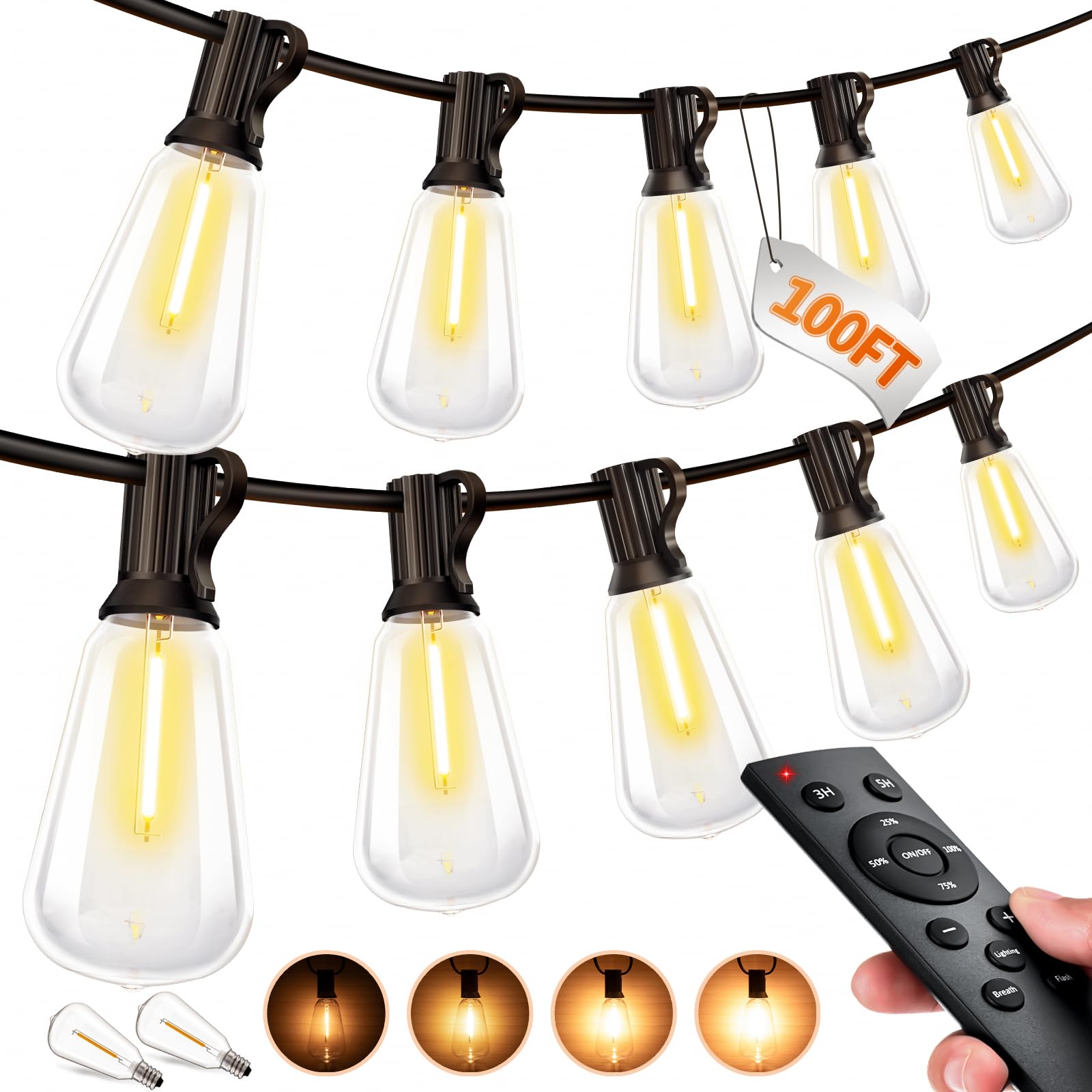 Photo 1 of **MISSING PARTS - See clerk notes**
Outdoor String LED Patio Lights - 100Ft 30M Outside Waterproof Light with Remote Dimmable ST38 Shatterproof Bulb Connectable Hanging Outdoor Electric Lighting for Backyard Yard Gazebo Porch Party
