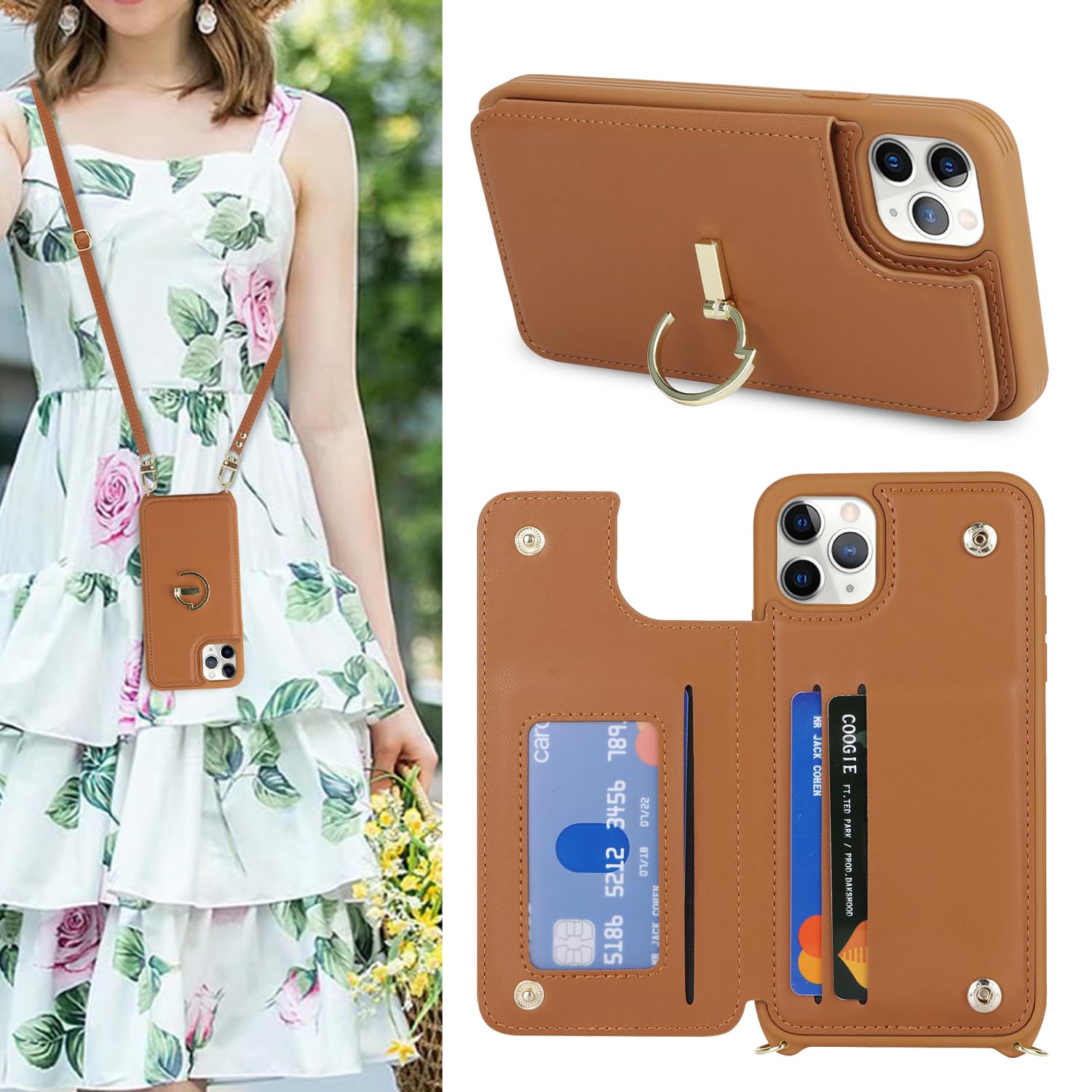 SailorTech iPhone 11 Pro Max Case With Credit Card Holder, Leather Ring Stand, Kickstand Strap, Card Slots, Wallet Crossbody - Brown