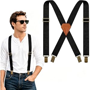 Nfijnlt Suspenders for Men, 1.5" Wide Clip-On Men's Suspenders for Jeans | Black Heavy Duty Adjustable Elastic X-Back with 4