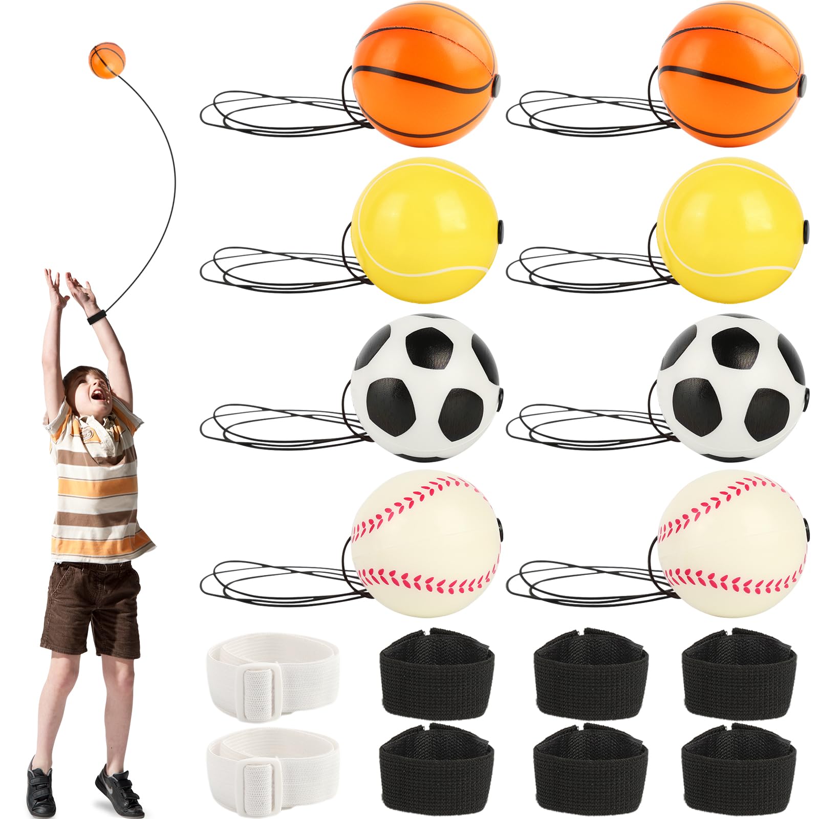 jwogngls Pack of 8 Ball with Cord Children, Diameter 6 cm, Super High Bouncing Lightweight Jumping Ball with Cord, Wrist Ball on String for Children Adults Football Basketball Softball Baseball