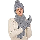 Ufgin Winter Beanie Hat Scarf Gloves Set for Women Fleece Lined Knit Pom Pom Beanie Neck Scarf Touchscreen Gloves Gift Set
