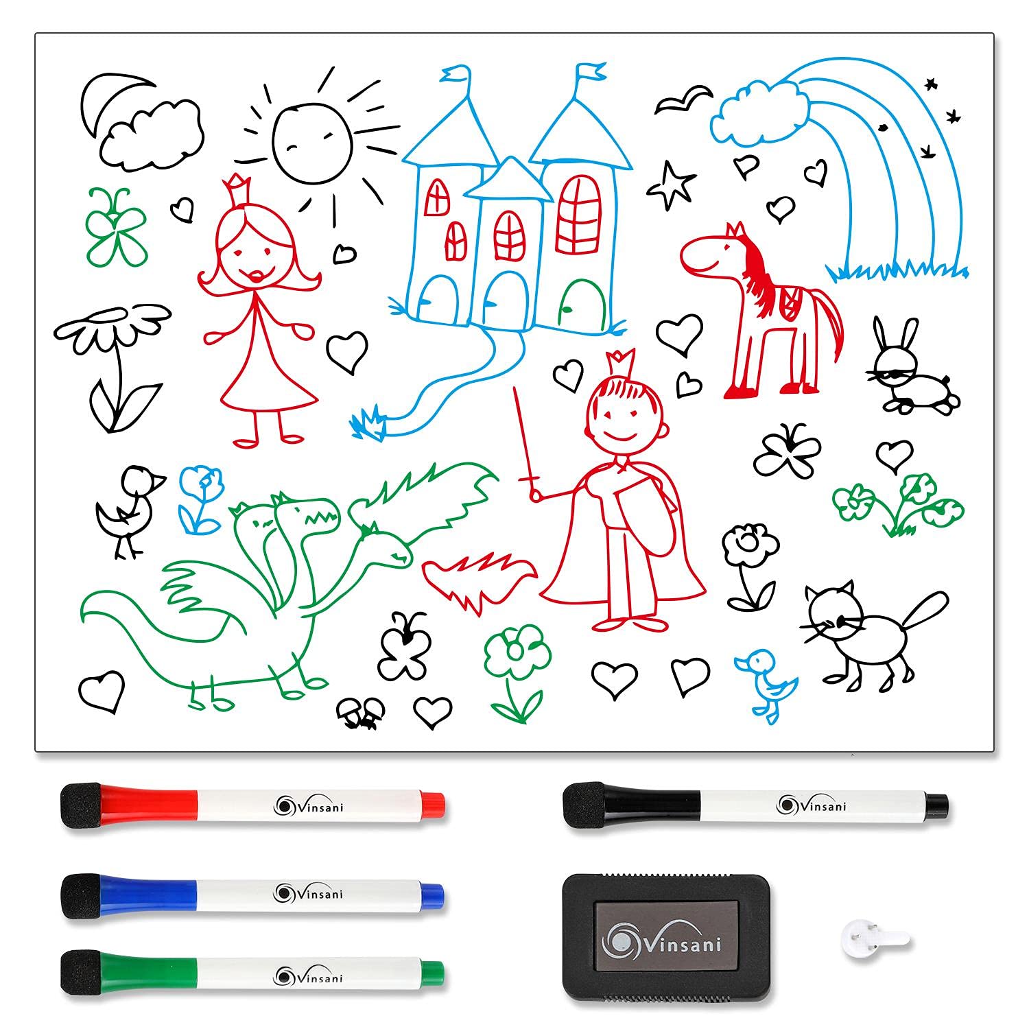 Vinsani Whiteboard - Make Notes, Lists, Memos, Menus for Home, School, Office and Kitchen Use with 4 Free Magnetic Dry Wipe Pens and Magnetic Eraser (45 x 60 cm)
