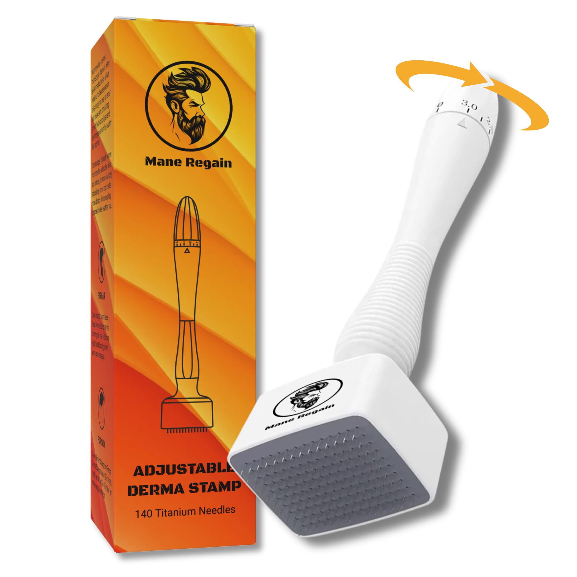 Mane Regain - New Derma Stamp 0-3mm Adjustable, 140 Individual Titanium Pins, Microneedling for Men Women at Home, Face, Hair, Scalp and Beard