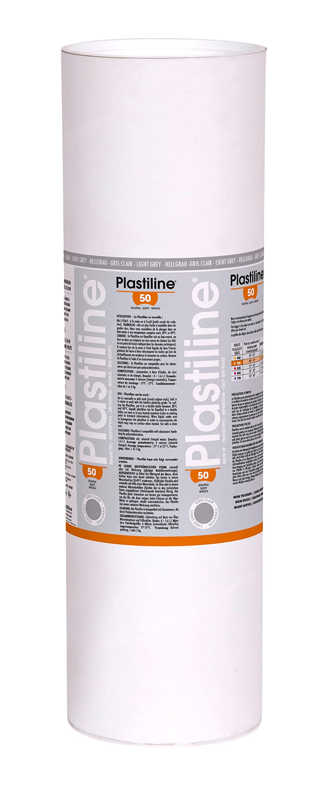 Plastiline 10650T - Plastiline tube - Modelling Paste, High Precision - Sculpting, Moulding - Hardness 50 (soft) - 10 kg - Light grey shade. Made in France