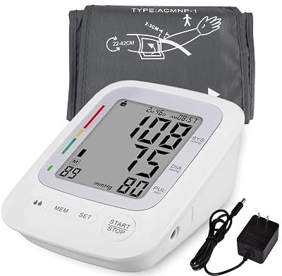 Electronic Blood Pressure Monitor, Upper Arm Automatic Digital BP Monitor Large Cuff, 2 Users 180 Memory Large Display, Irregular Heart Rate Indication, with DC Adapter for Home Use