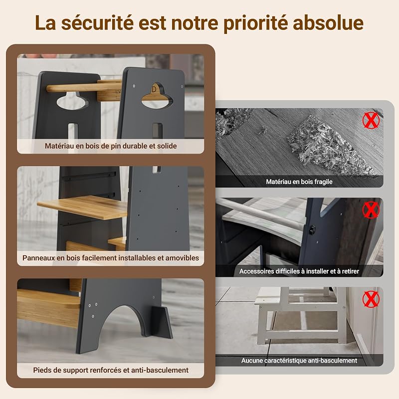 Tour d'apprentissage pour Enfants - Tour d'apprentissage en Bois pour bébés de 1 à 6 Ans - Hauteur réglable sur 3 Niveaux - 80 cm - Gris Classique et Naturel