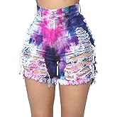 Romastory Womens High Waisted Jean Shorts Ripped Tie-dye Stretchy Denim Shorts for Women