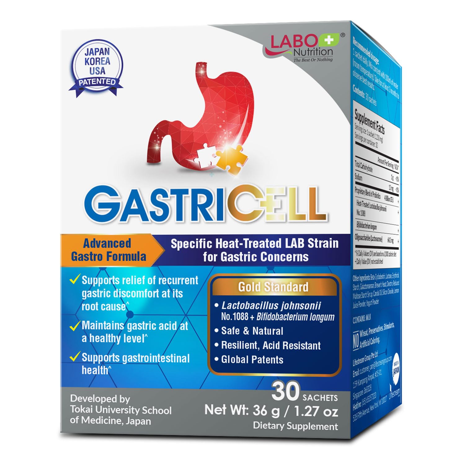 LABO Nutrition GASTRICELL - Eliminate H. Pylori, Relieve Acid Reflux and Heartburn, Regulate Gastric Acid - Targets The Root Cause of Recurring Gastric Problems -30 sachets