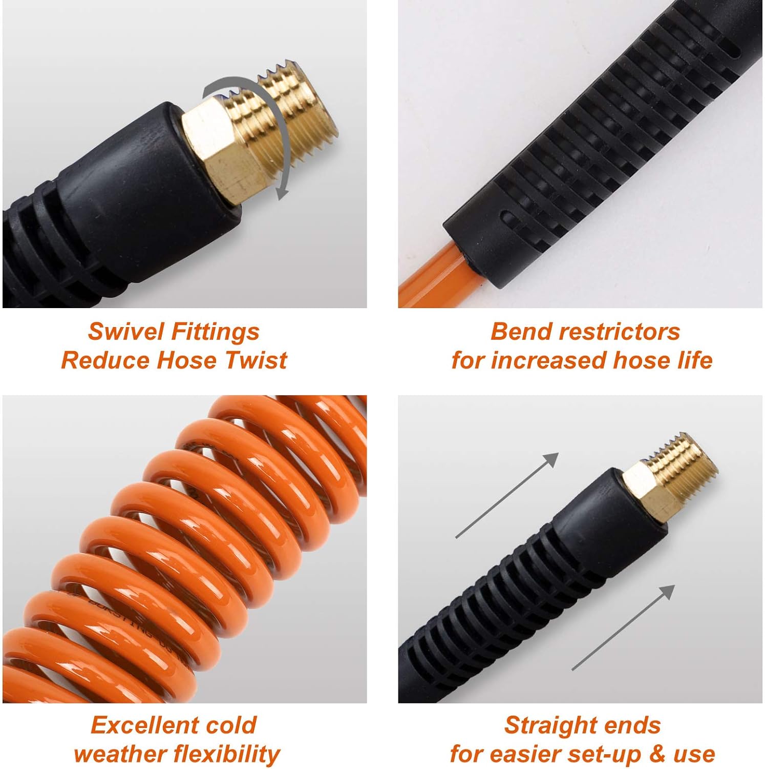 FYPower 1/4 inch x 25 ft Recoil Poly Air Hose Kit, 20 Pieces Air Compressor Accessories Set, 1/4" NPT Quick Connect Air Fittings, Blow Gun, Chuck, Safety and Tapered Nozzles, Couplings, Orange PU Hose - - 