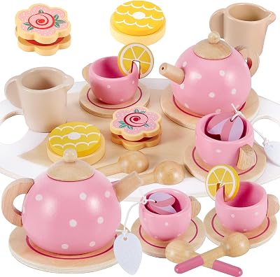AOLEVA Wooden Afternoon Tea Set for Toddlers Play Food Tray Teapot