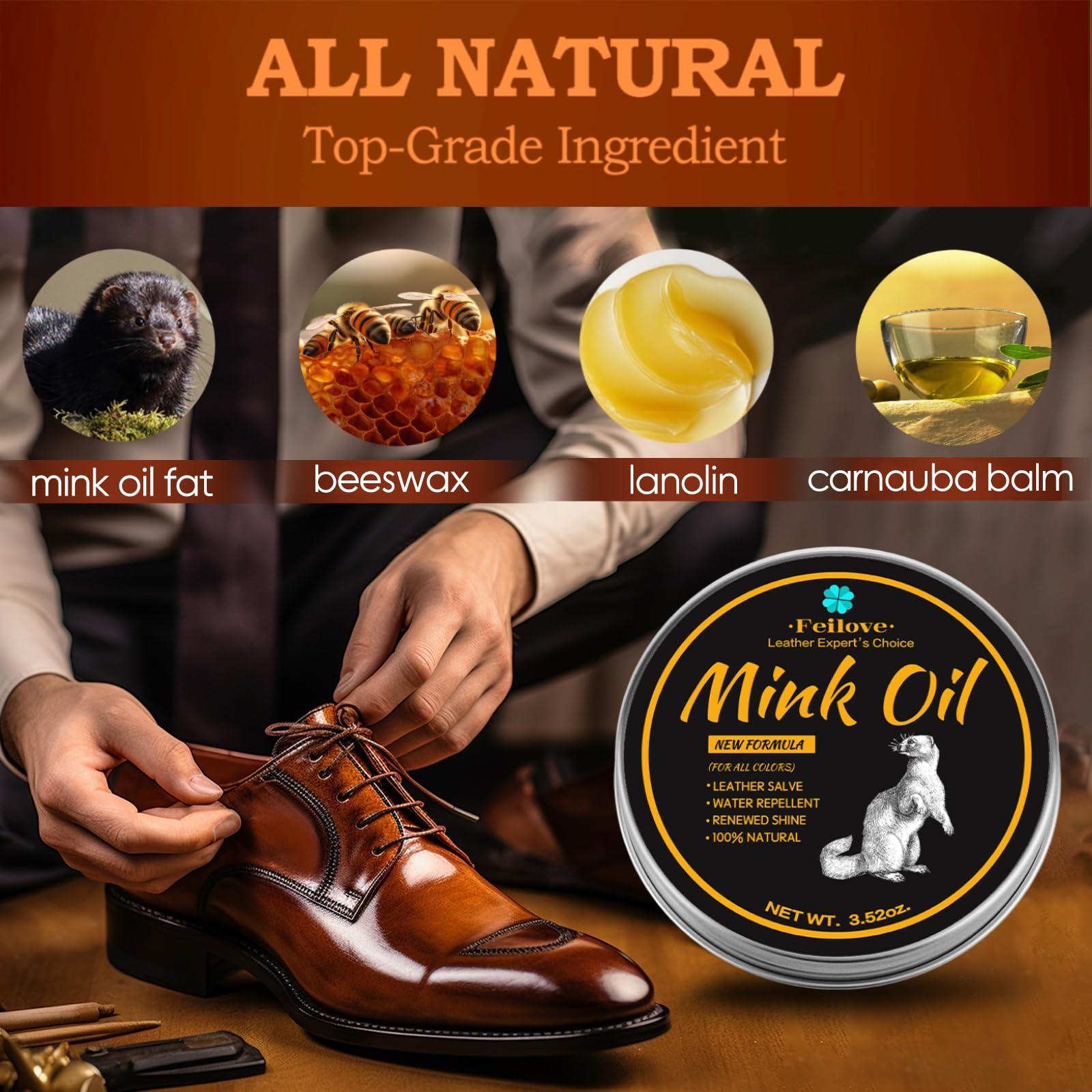 Feilove 4-in-1 Mink Oil Leather Conditioner and Cleaner 3.52 oz - Premium Waterproof Formula for Boots and Shoes