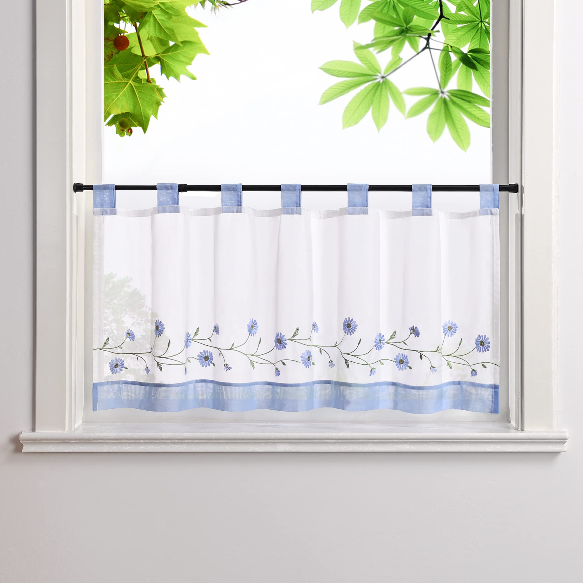Heichkell Embroidered Net Curtain Voile Short Curtains with Loops Pastoral Kitchen Curtains Country House Style Bistro Curtain Blue W x H 90 x 45 cm