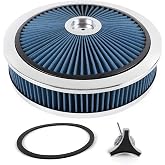 14" X 3" Round Air Cleaner Filter Assembly Kit for Ford/GMC/Chevy SBC BBC | With High- Flow Thru Lid Washable &amp; Reusable for Caburetor Lid 5-1/8" Carb Neck(BLUE)