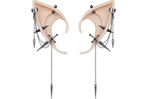 FRESHME 2 Pairs of Fairy Elf Ears with Sliver Piercings - Gothic Elf Ear Cuffs Skull Rose Cross Studs Sterling Earrings