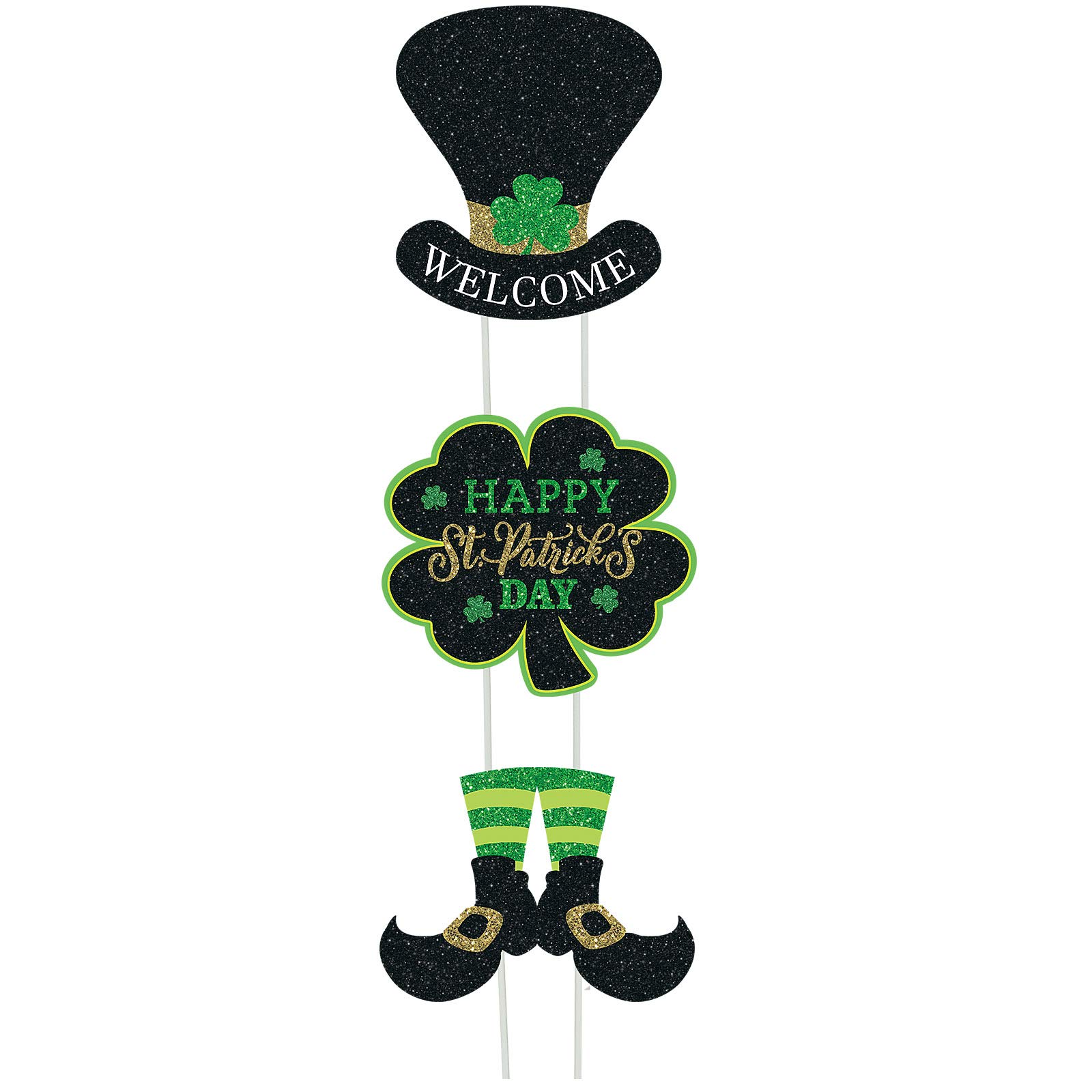 3 x St. Patrick's Day Garden Signs with St. Patrick's Day Clover Outdoor Lawn Decorations Irish Elf Horseshoe with Happy St Patrick's Day Sign