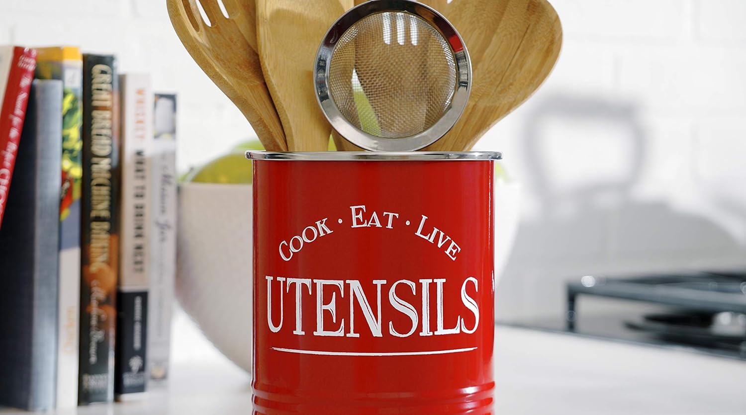 Walford Home Original Kitchen Utensil Holder Crock, Red With Premium Padded Base - Vintage Farmhouse Home Kitchen Decor - Large Kitchen Tool Utensil Storage Caddy Organizer: Kitchen & Dining