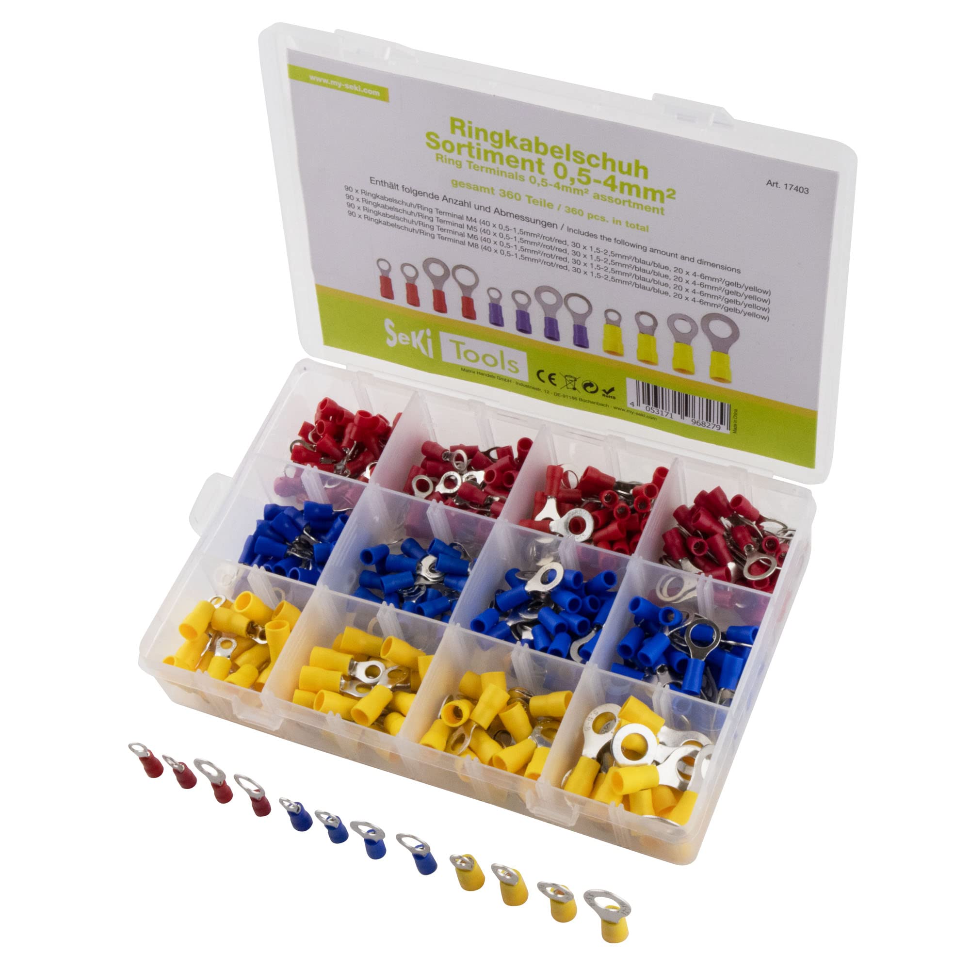 SeKi 0.5-4 mm Parts Ring Terminal Assortment Insulated 360 Pieces 0.5-6.0 mm² M4/M5/M6/M8 Cable Lugs Crimp Connector Set According to DIN Colour Coded Mixed