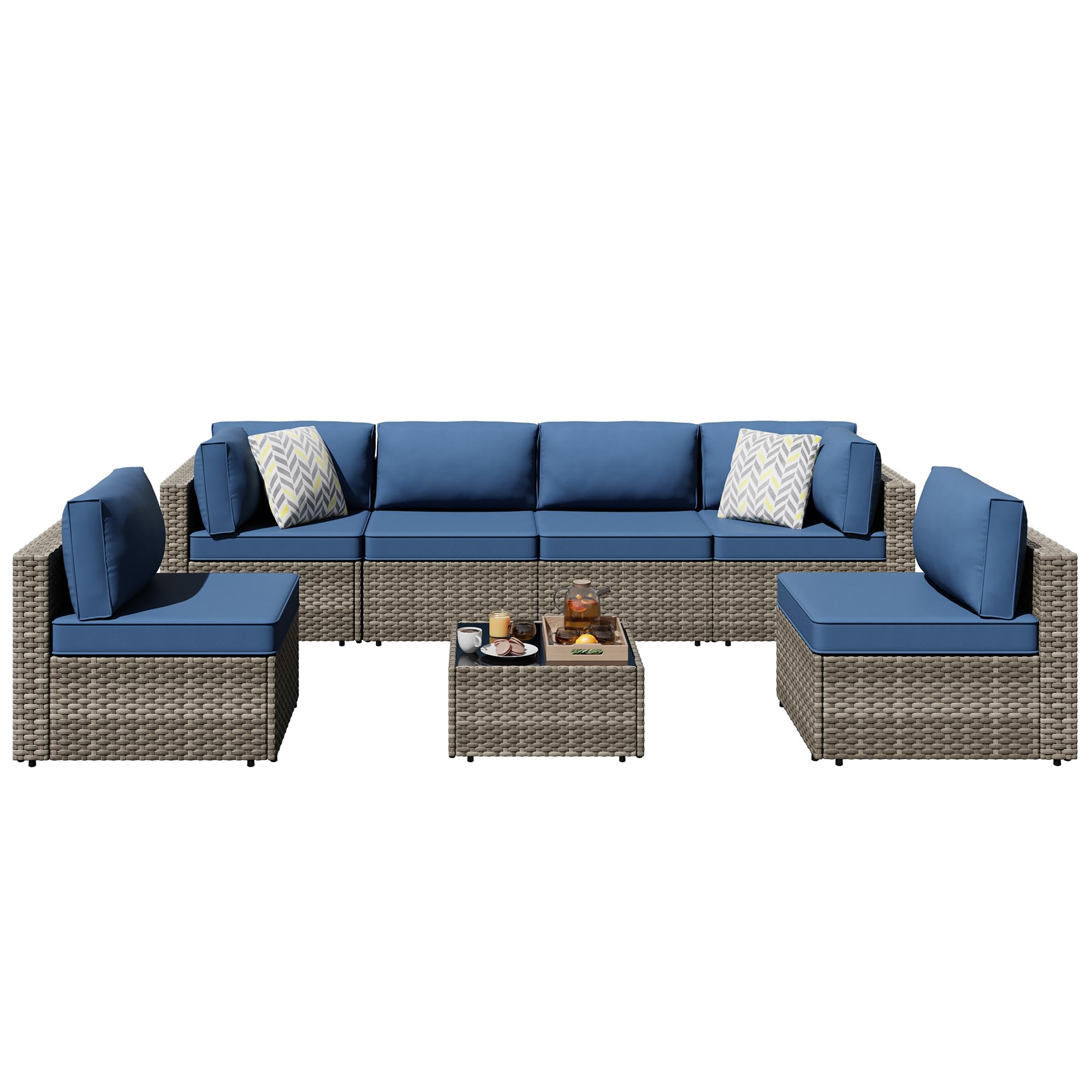 Photo 1 of *** FOR PARTS ONLY*** ONE CHAIR**   Shintenchi 7 Pieces Outdoor Patio Sectional Sofa Couch, Wicker Furniture Patio Conversation Sets with Washable Cushions & Coffee Table for Garden, Poolside, Backyard (Aegean Blue)