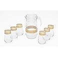Vintage Glassware Set - 64 Oz Glass Pitcher with Handle and 6 Highball Drinking Glasses 11 Oz - Durable, Thick Glass - Gold Band Rim Design - Perfect for Gifting or Hosting Essentials