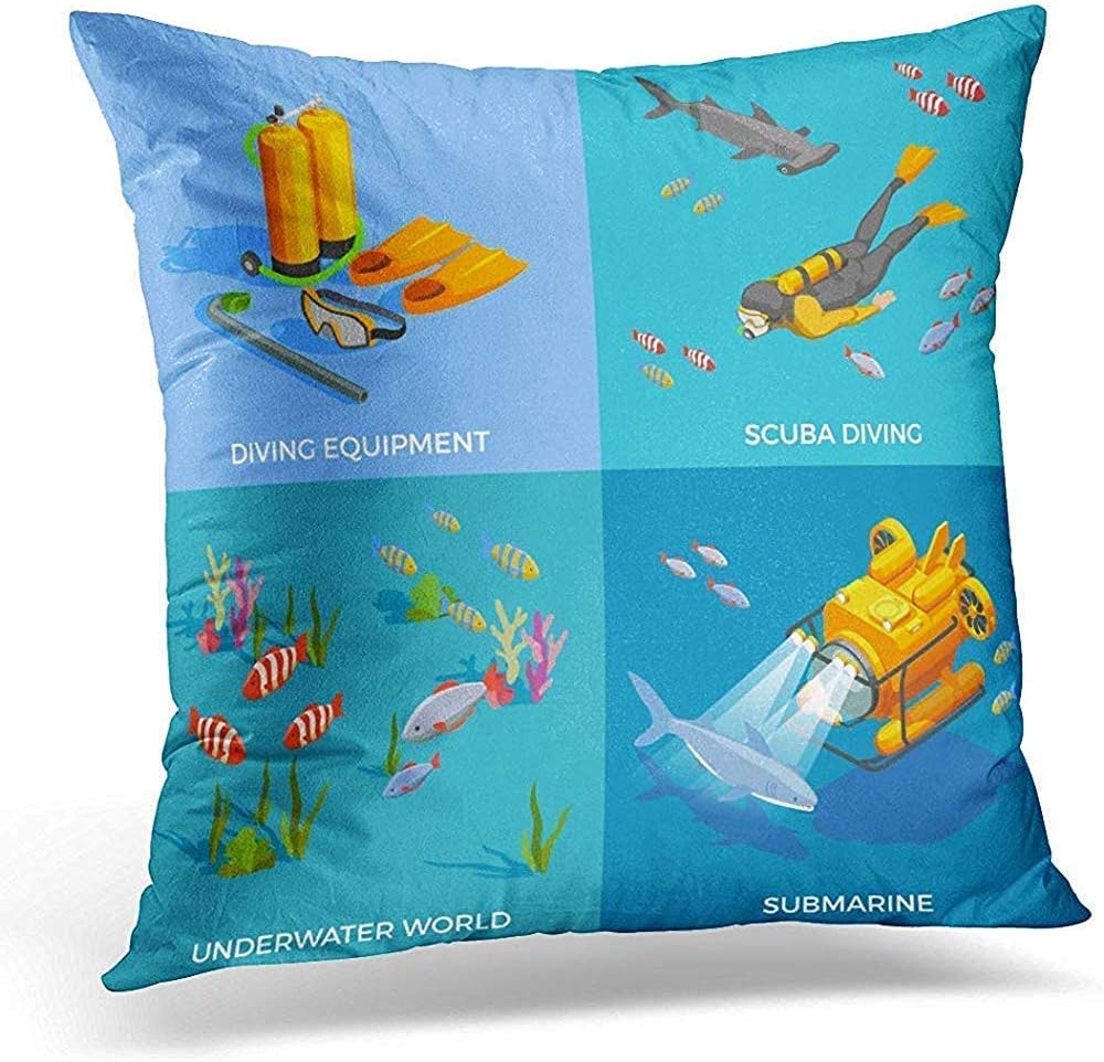 Funny Durable Lovely Throw Pillow Cover Scuba Diving Snorkelling Isometric Design with Four Compositions of Submarine Equipment and Fishes Decorative Pillow Case Home Decor Square Pillowcase