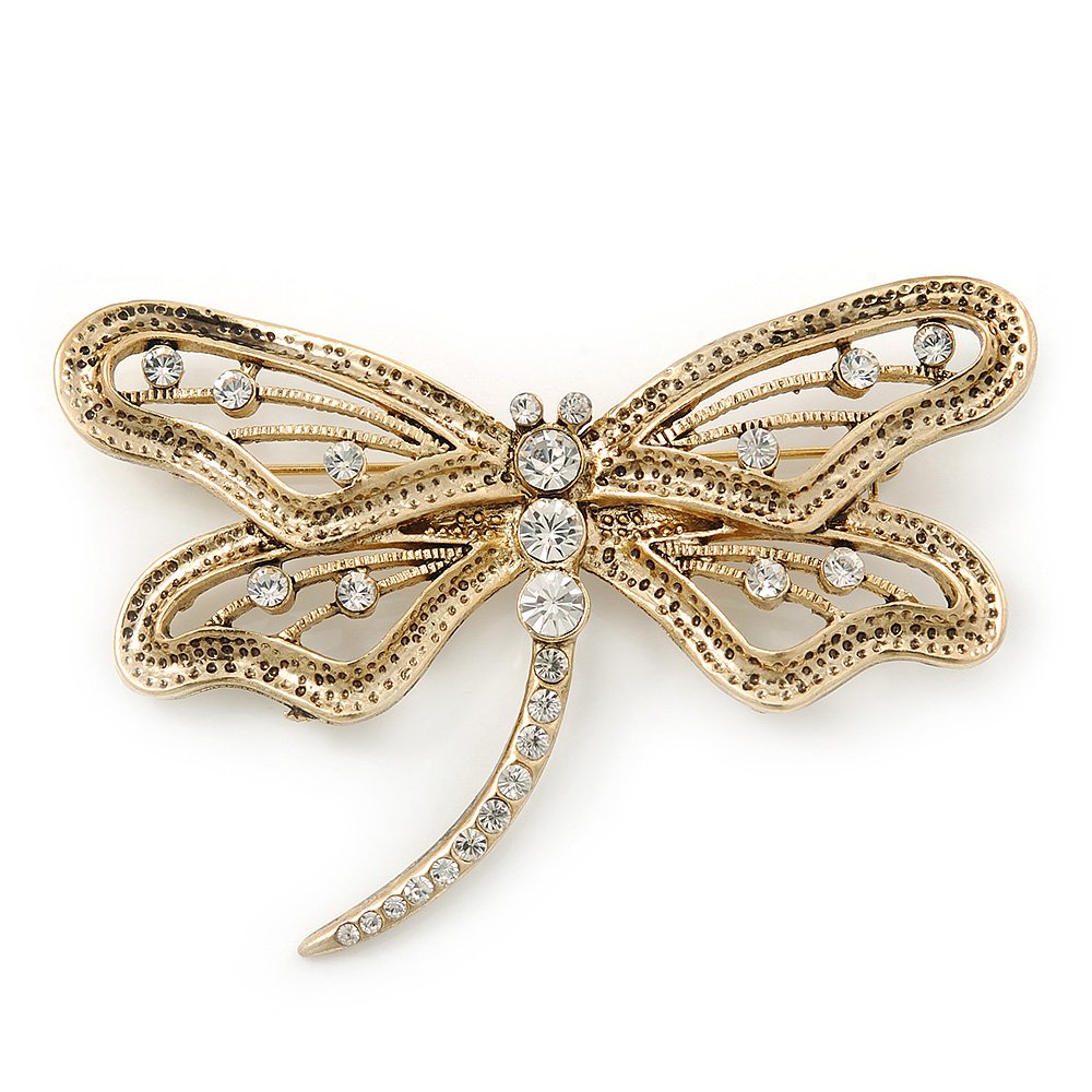 Large Crystal 'Dragonfly' Brooch In Gold Tone - 75mm Width