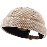Gvatasz Corduroy Brimless Hats for Men Vintage Docker Hat Retro Beanie Hats Rolled Cuff Harbour Hat Sailor Cap Skullcap