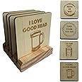 Funny Beer Themed Wooden Coasters with Holder | Set of 4 Gag Gift Coasters with Laser Engraved Designs | Unique Rustic Modern Bar Decor & Accessories for Mancave or Home Bar Sense of Humor Required