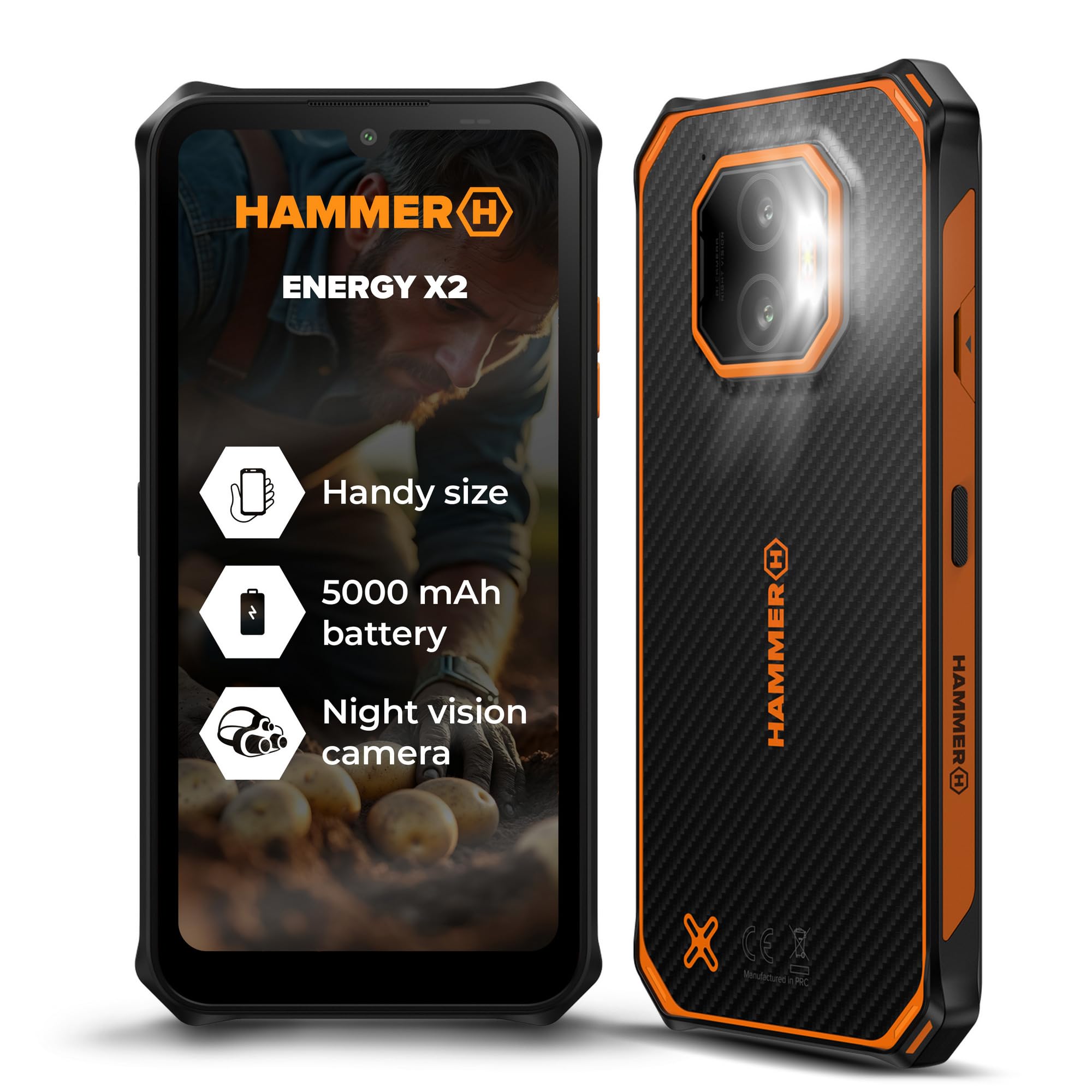 HAMMER Energy X2 4G 12GB/128GB Rugged Smartphone, 5000mAh Battery, 50MP Camera, 6.1" Display, Android 15, 30W Fast Charge, IP69 Waterproof, eSIM, Dual SIM, NFC