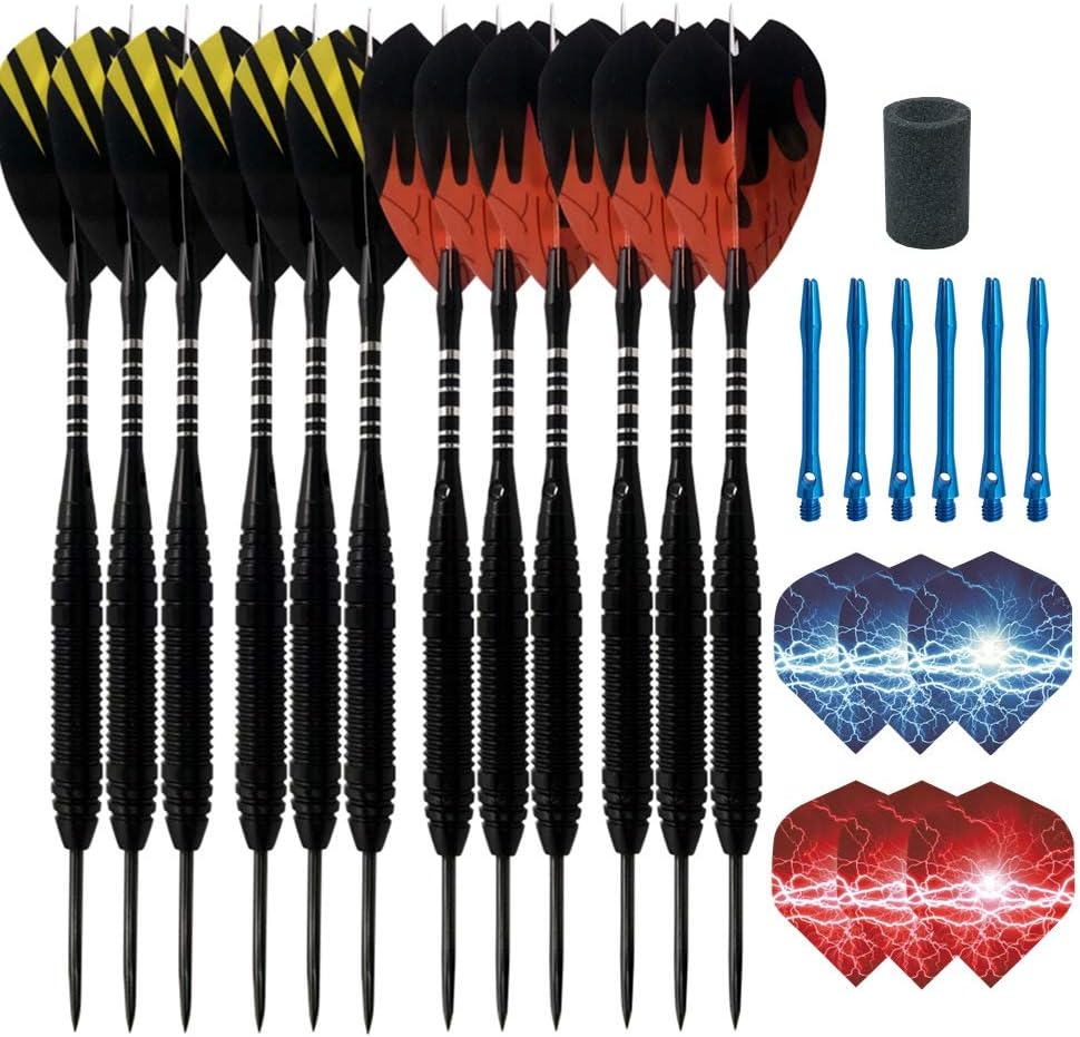 LIYZZYY Steel Darts Set, 12 Darts, 22 G Black Paint Protection Dart Pin, Aluminum Shaft, with 6 Blue Spare Aluminum Rods, 6 Dart Wings, a Round Millstone