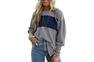 Dokotoo Long Sleeve Tops Oversized 2025 Trendy Round Crew Neck Casual Color Block Womens Shirts Blouses