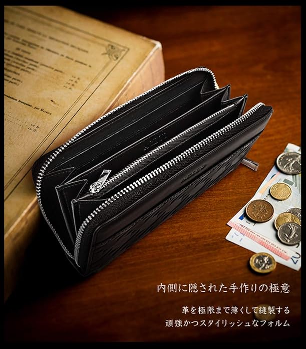 Amazon 一流の革職人が作る 長財布 メンズ 本革 財布 高級 大容量 カード Ykk ラウンドファスナー 紳士 立体感 ブラック ブラック Acluo 財布