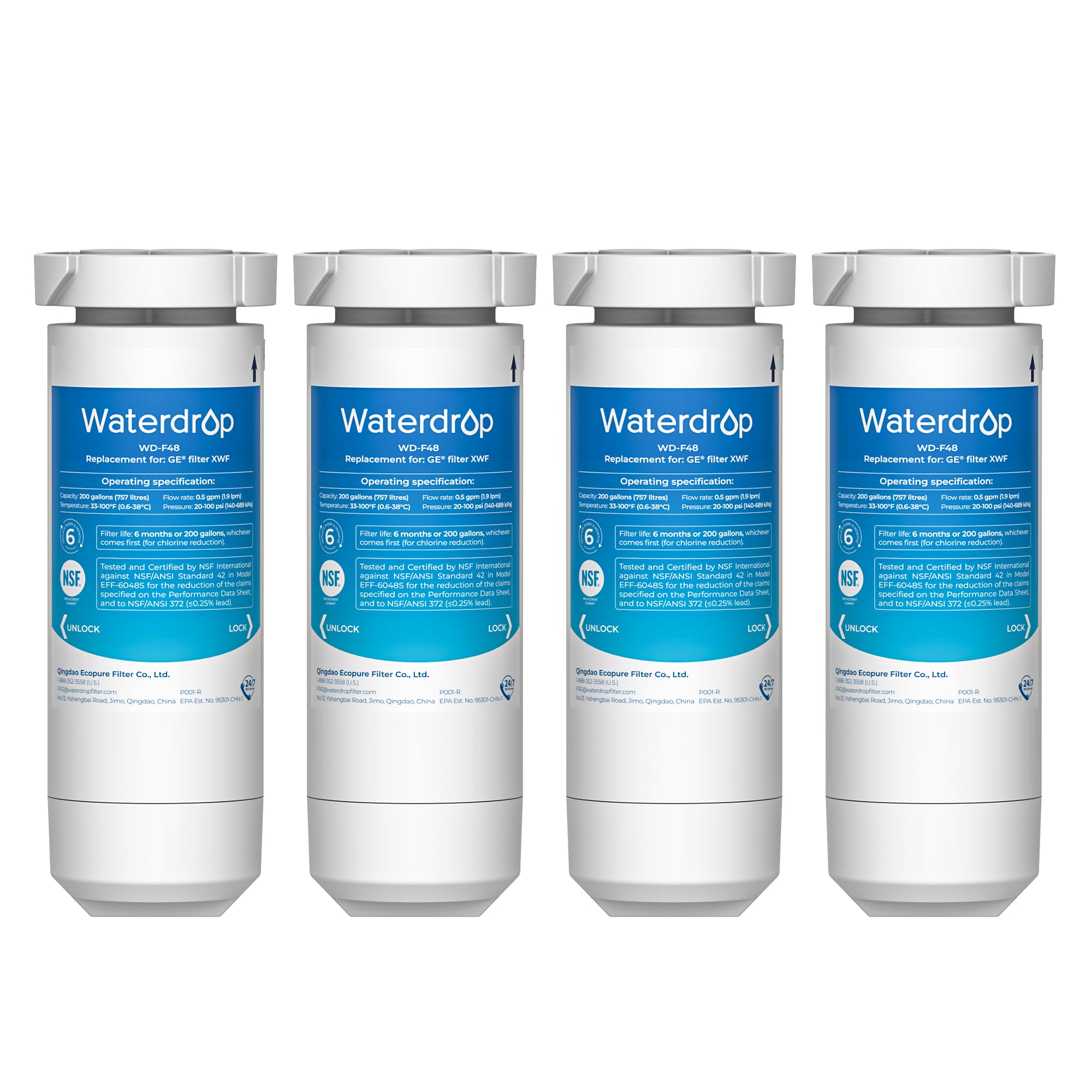 Waterdrop XWF Replacement for GE® XWF Refrigerator, GE® XWF Water Filter, WR17X30702, 4 Filters (Not XWFE®，No chip) Image