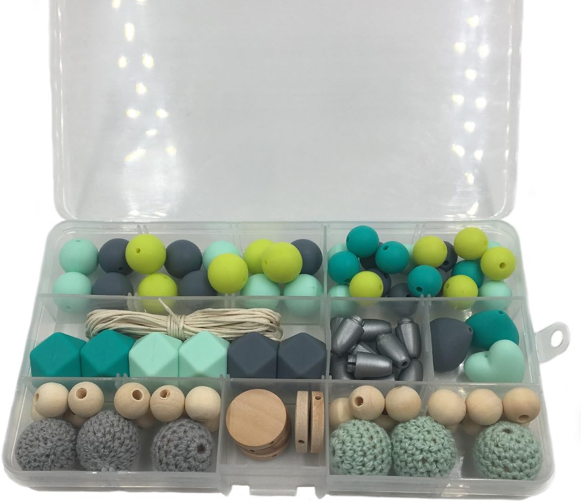 Wendysun DIY Baby Teether Beaded Accessories Boxed Mixed Color Geometric Polygonal Silicone Beads,Round Wood Beads,Crochet Beads for Moms and Babies Silicone Teether Craft Beads Necklaces
