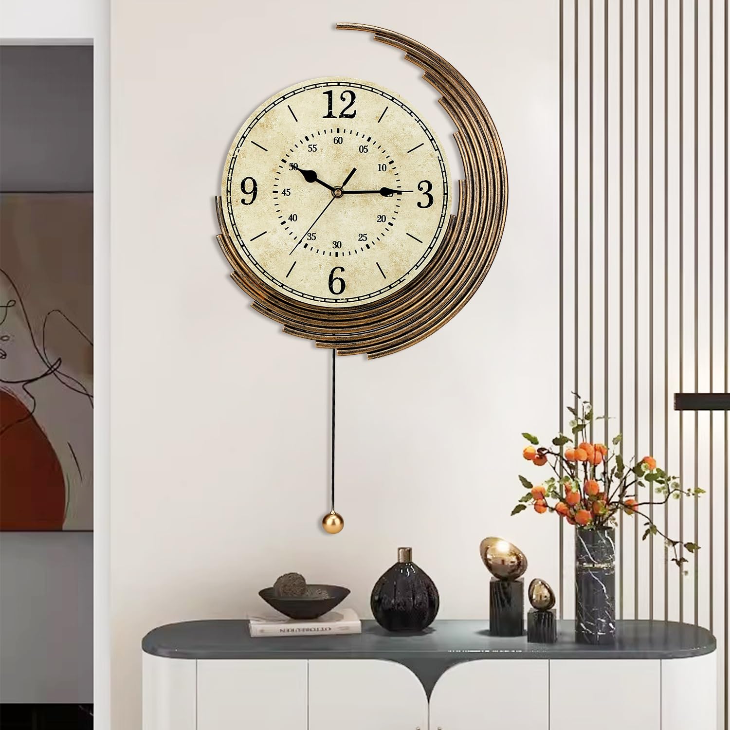 Photo 1 of ***chips***Dankeit Decorative Wall Clocks with Pendulum,Silent Quality Quartz Movement Battery Operated,Vintage Wall Clock for Living Room,Kitchen,Home,Bathroom,Bedroom Wall Decor,13x22inch,Retro Golden