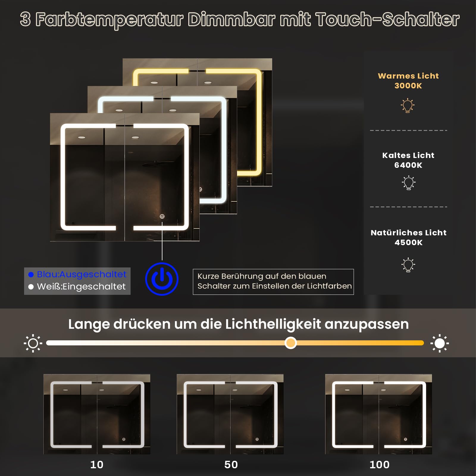 DICTAC Badezimmer spiegelschrank mit Beleuchtung 80x60x16cm Spiegelschrank Bad mit LED und Steckdose 80 cm Breit Doppeltür Badschrank mit Spiegel und Ablage,Hängeschrank,Berührung Sensorschalter,Weiß 4