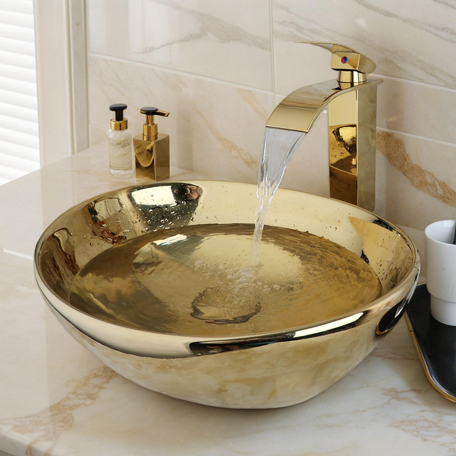 Photo 1 of ***MISSING BOWL/ONLY FAUCET AND HARDWARE***GLOBAOSALU Oval Gold Vessel Sink with Faucet and Pop-Up Drain 17"x14" Bathroom Ceramic Basin Above Counter Bowl Sinks Thickened Compact Boat Shape Sinks for Small Bathrooms Vanities and Apartment Top
