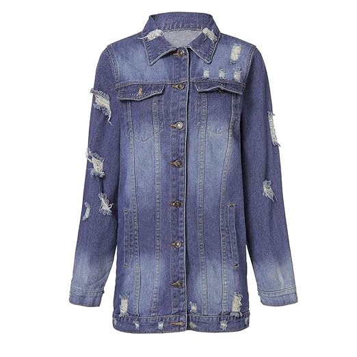 masrin Frauen zerrissen Langen Denim-Mantel Damen lässige Jacke Outwear Jeans Mantel