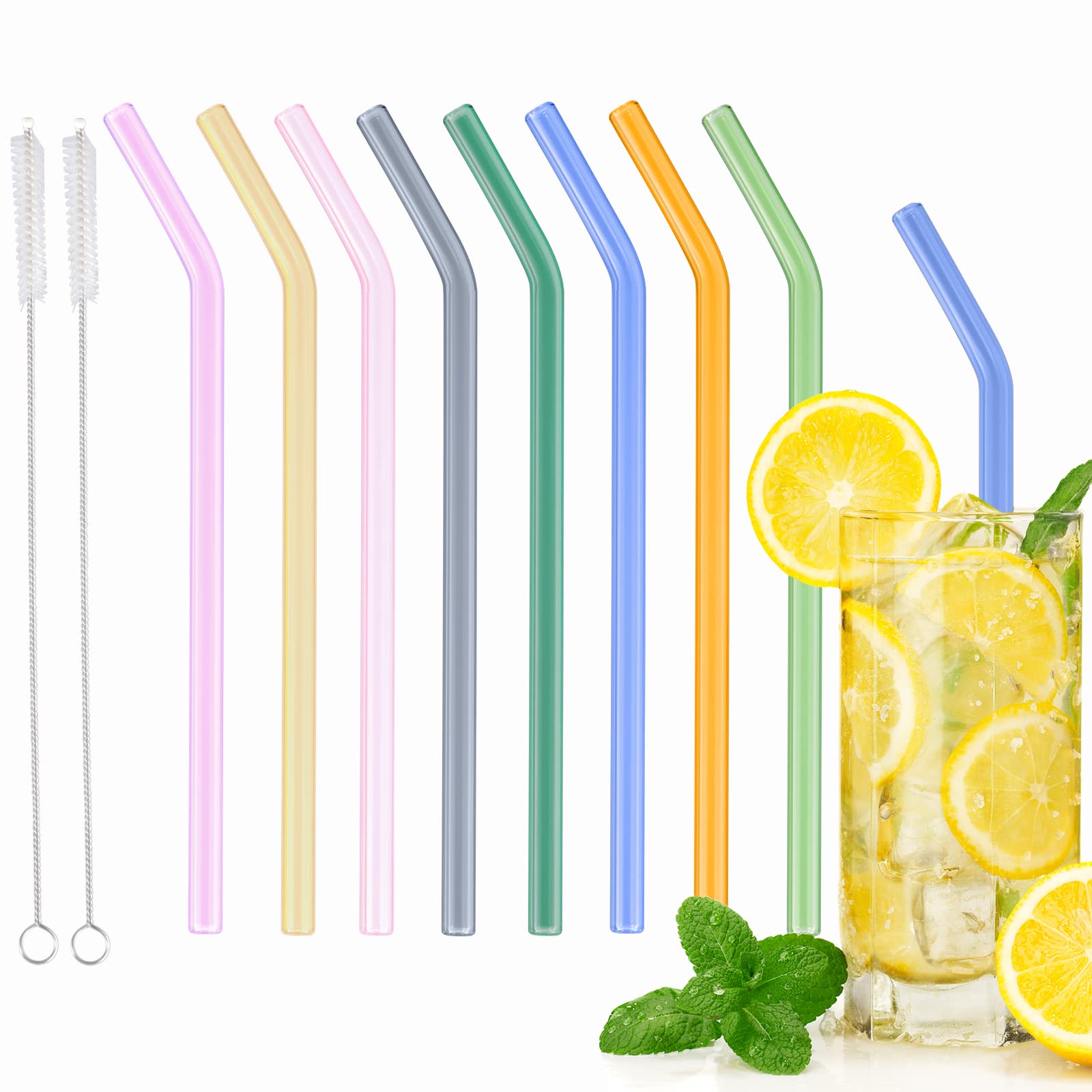 PEAKTOP Glass Straws, 8 Pcs Clear Reusable Straw, Wide Smoothie Straws with 2 Cleaning Brush, Eco Friendly Curved Drinking Straws, Bent Straws for Smoothies Milk Shake Water Juice