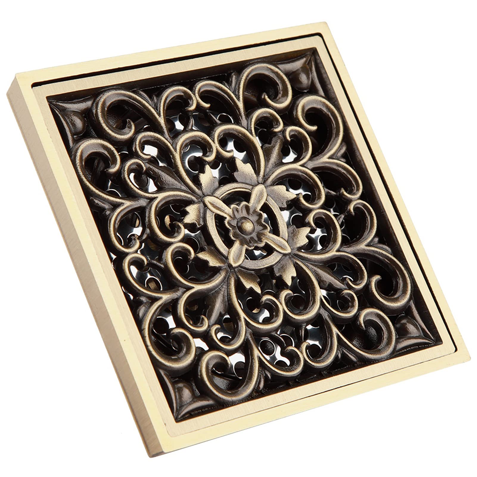 TOPINCN Floor Drain, 10cm Bathroom Shower Antique Brass Drain Strainer Cover Grate Square Shower Drain with Invisible Look(#1)
