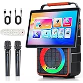 Portable Bluetooth Karaoke Speaker with 14.1” HD Screen, Wireless Screen Mirroring for iOS & Android, 2 Wireless Rechargeable Mics, AUX/USB/TF Card, Dynamic Lyric Display via Bluetooth, Ideal for Home