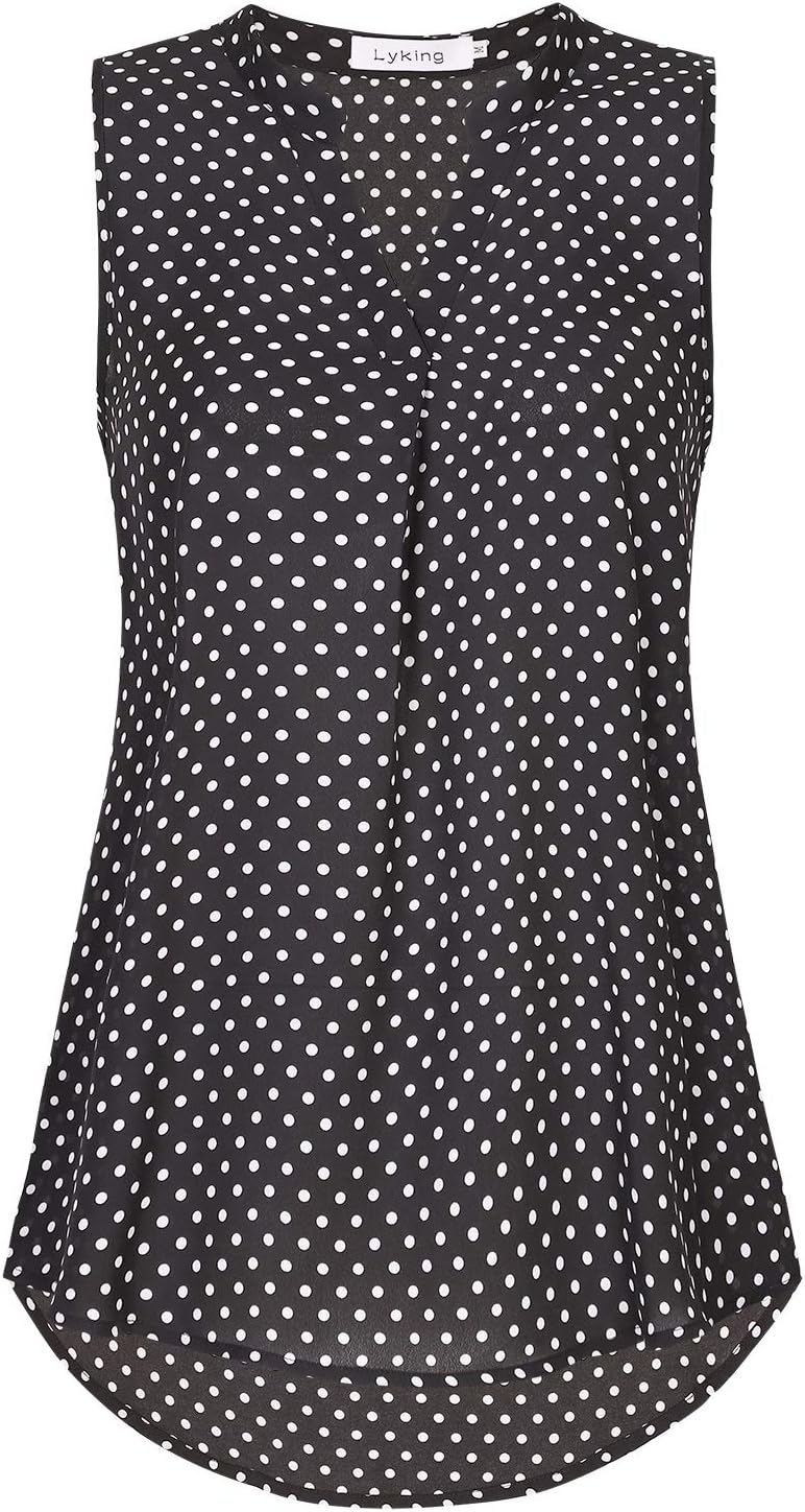 Lyking Women's Henley V Neck Sleeveless Curved Hem Chiffon Blouse Shirts Tank Tops