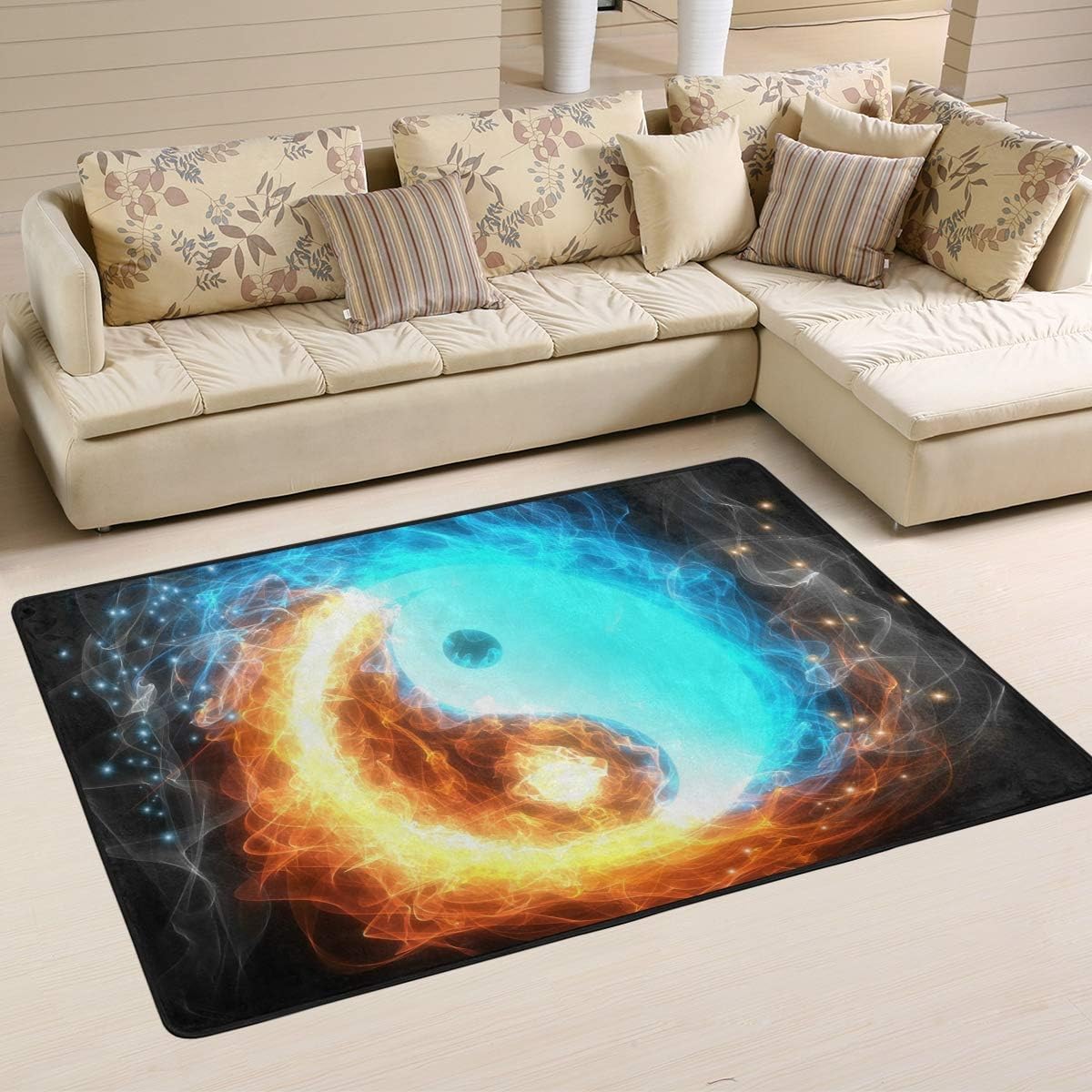 JSTEL Washable Soft Yin Yang Ice And Fire Area Rugs 180 x 120 cm (6 x 4 Feet) Living Room Carpet Comfy Bedroom Runner Rugs Mat