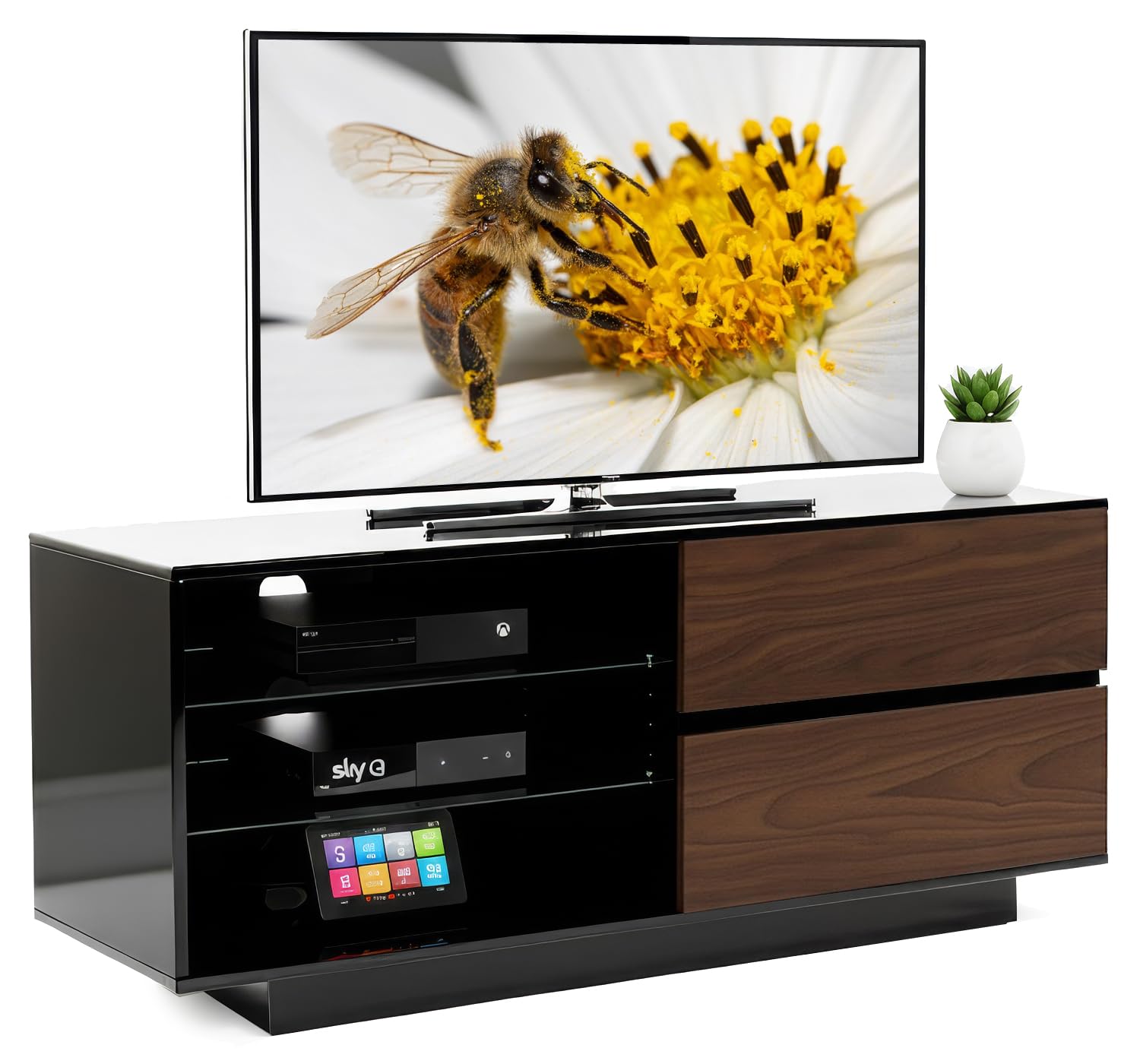 Centurion Gallus Gloss Black with 2-Walnut Drawers & 3-Shelf 26"-55" LED/LCD/Plasma Cabinet TV Stand
