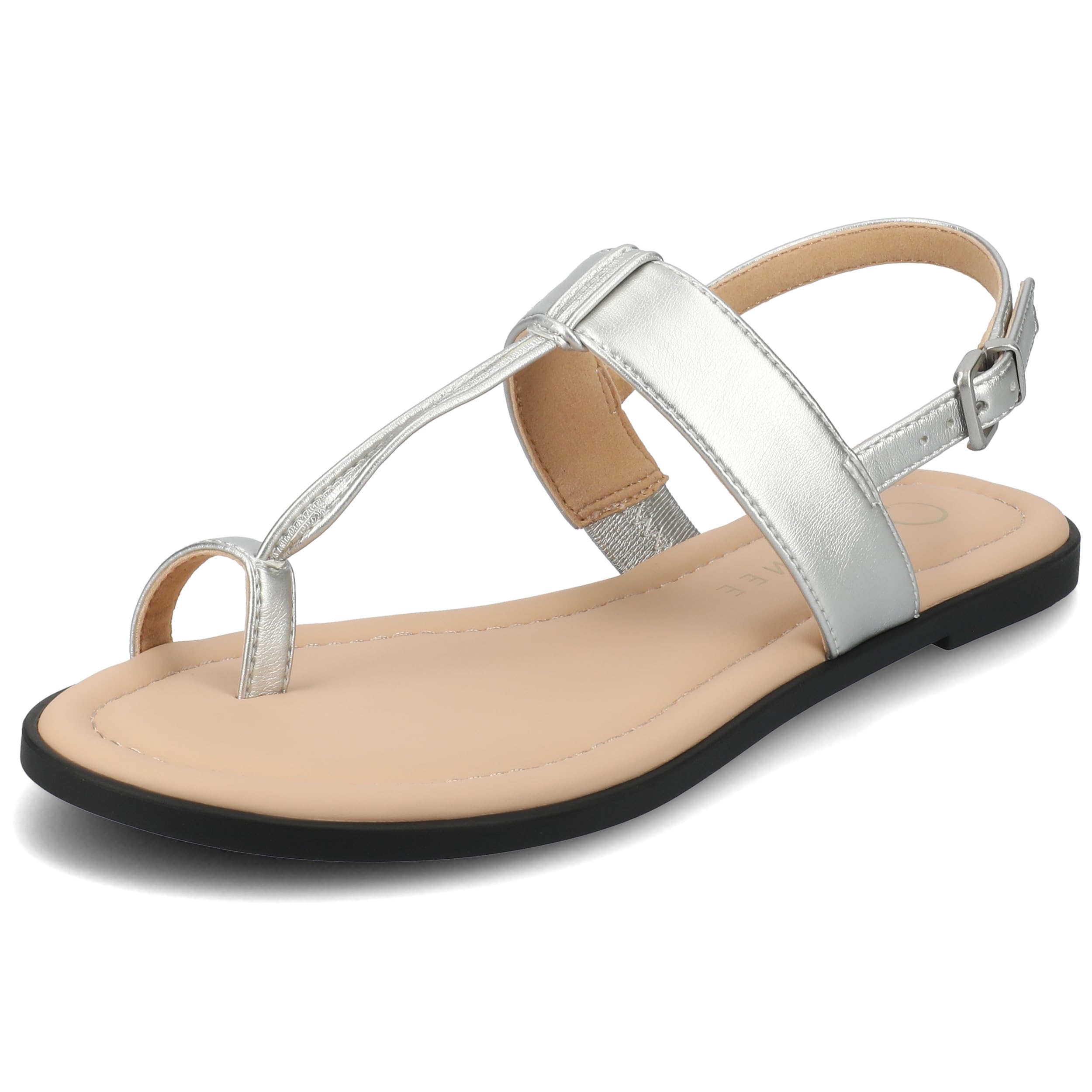 Photo 1 of Journee Collection Womens Gerra T strap Toe Ring Sandals Open Round Toe Buckle Cushioned Flat Sole Summer Shoes Silver, 8.5
